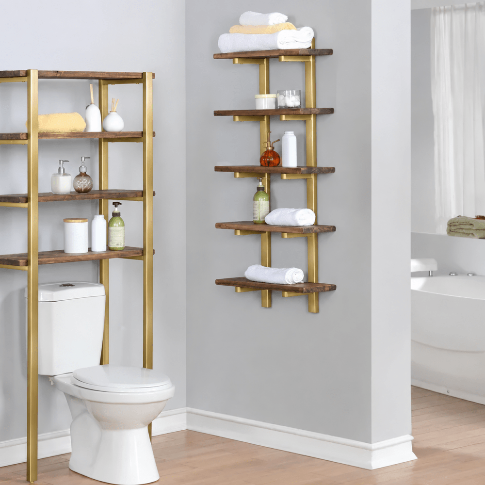 Metal and Solid Wood Bath Wall Shelf - myhomestore.com.pk