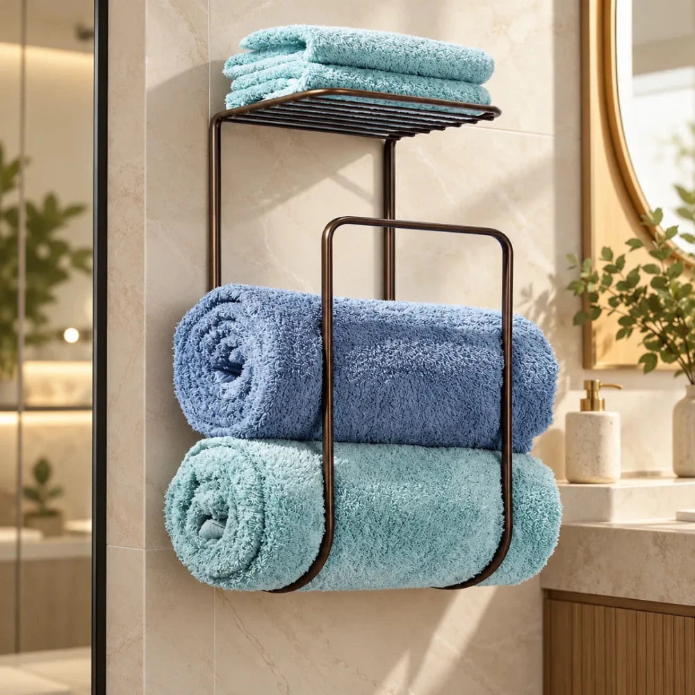 Metal Wall Mount Towel Rack Organizer with Storage Shelf - myhomestore.com.pk
