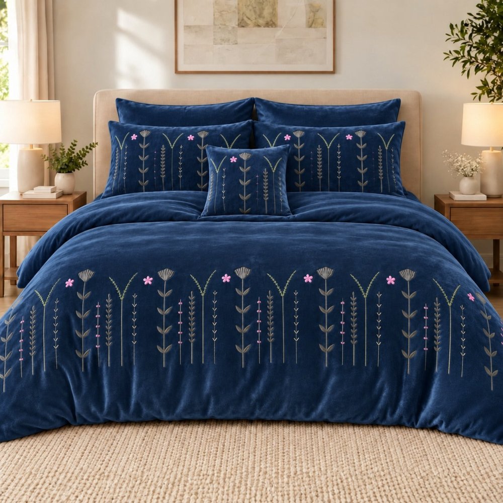 Midnight Blue Wildflower Embroidered Velvet Duvet Set - myhomestore.com.pk