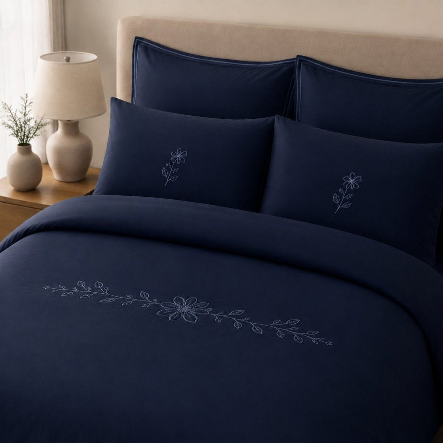 Midnight Navy Floral Embroidered Duvet Cover Set - myhomestore.com.pk