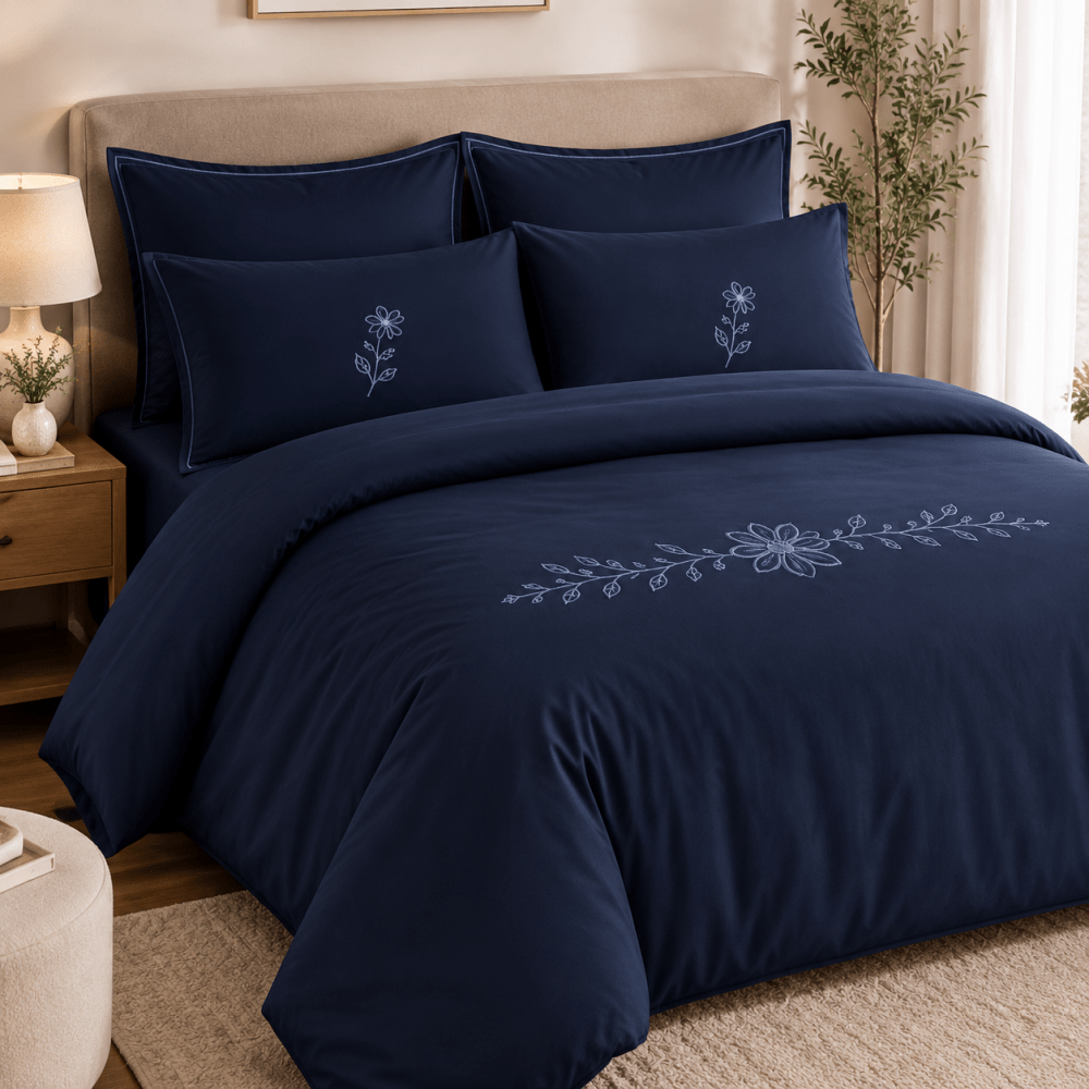 Midnight Navy Floral Embroidered Duvet Cover Set - myhomestore.com.pk
