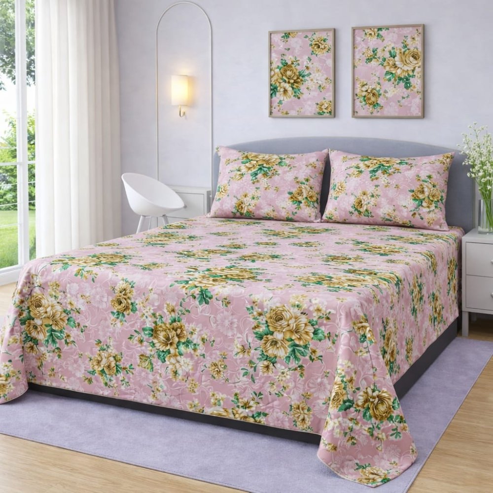 Minimal Peach Flower Print Bedsheet (3 pcs) - myhomestore.com.pk