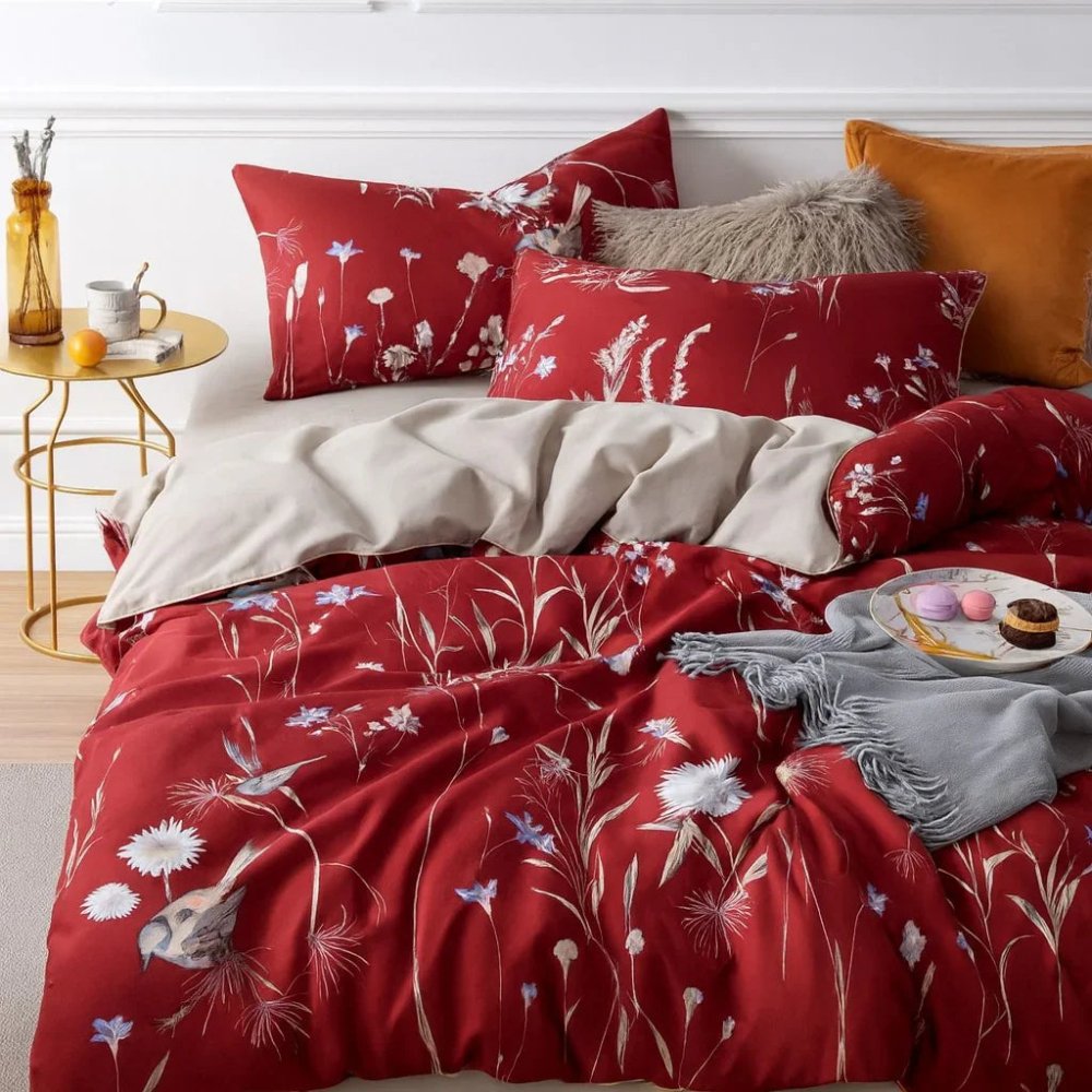 Mixini Red Floral & Birds Printed Bedding Duvet Set - Bold & Timeless Design - myhomestore.com.pk