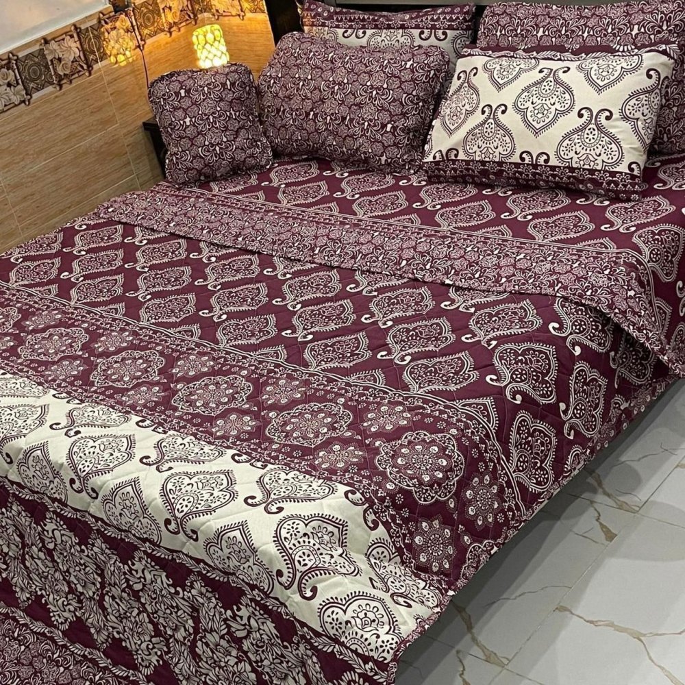 Modern Floral Printed Bedspread Set – 7 Pcs - myhomestore.com.pk