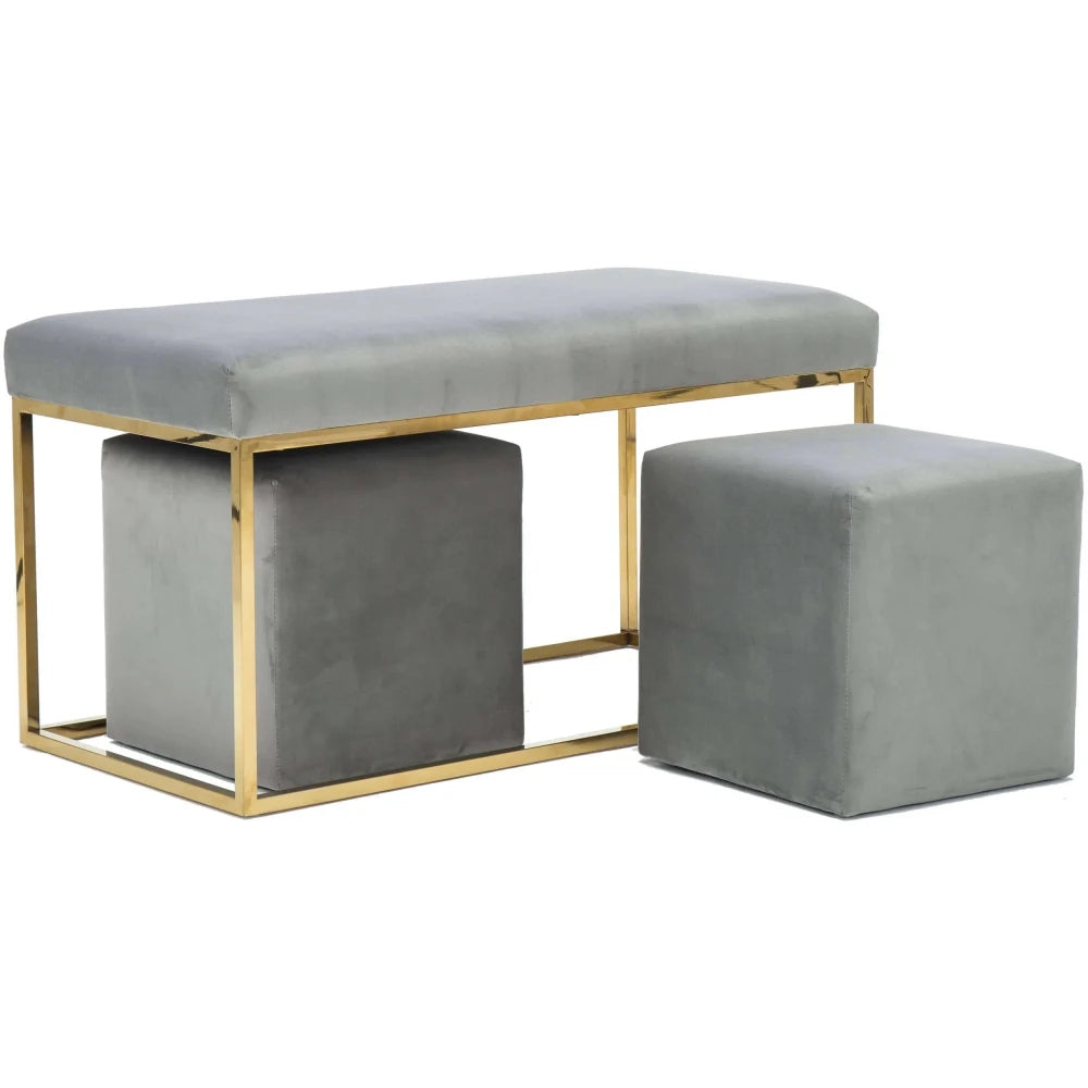 Modern Grey Velvet Upholstered Bench with Iron Gold Base - myhomestore.com.pk