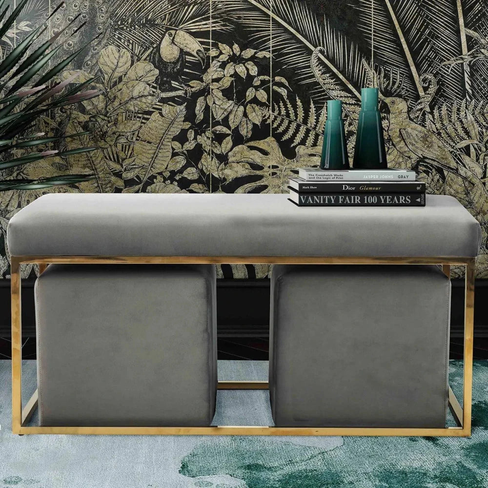 Modern Grey Velvet Upholstered Bench with Iron Gold Base - myhomestore.com.pk