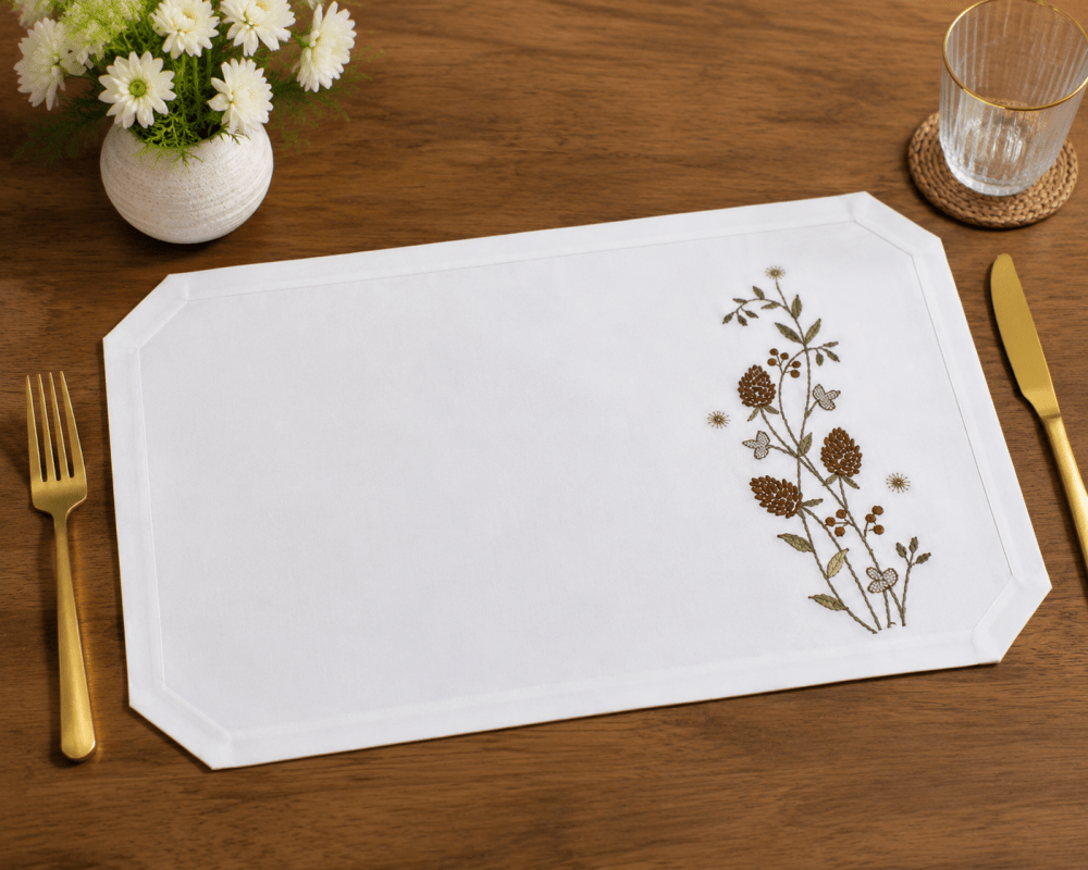 Nature - Inspired Table Linen – White Base with Brown Botanical Design - myhomestore.com.pk