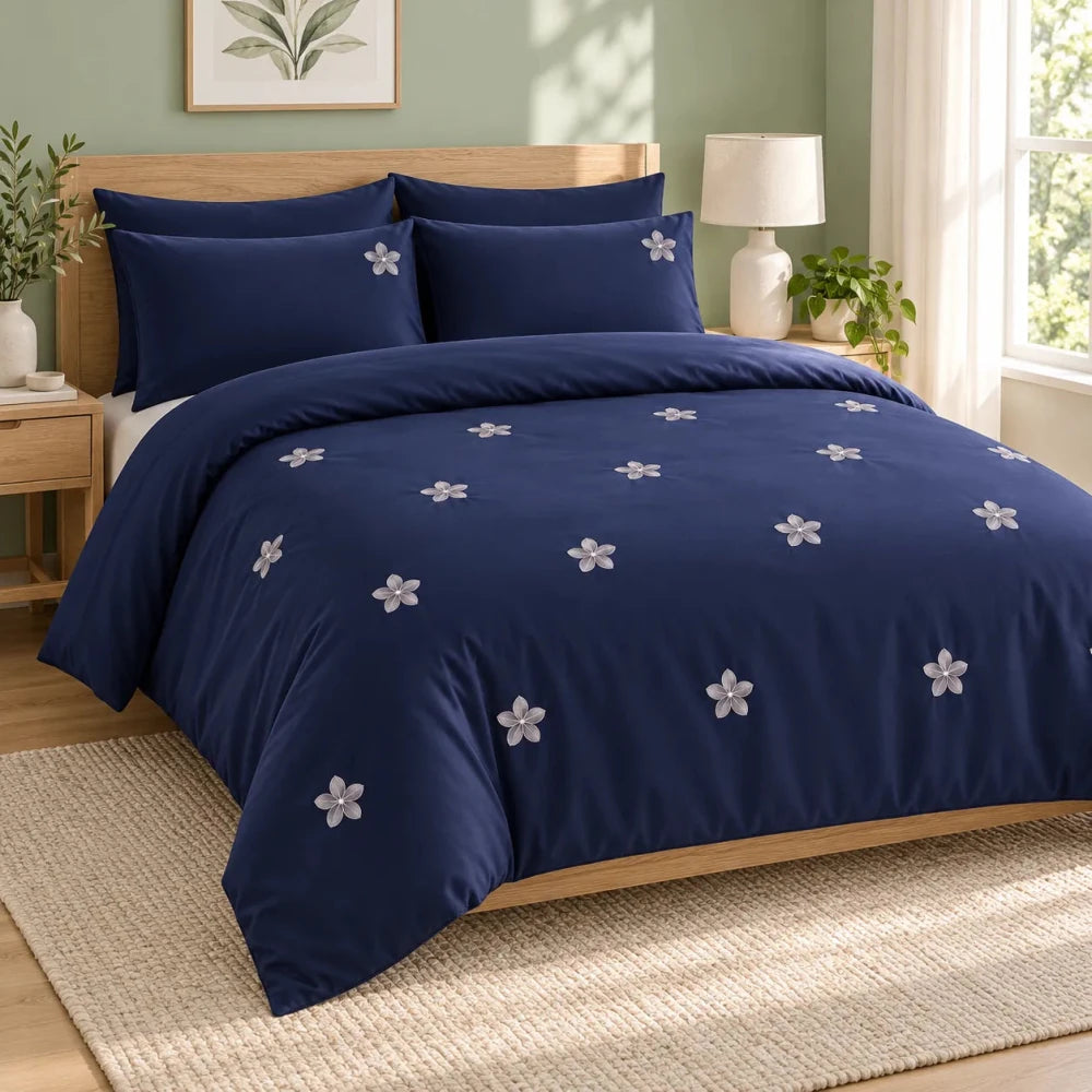 Navy Blue Floral Embroidered Bedding Set - myhomestore.com.pk