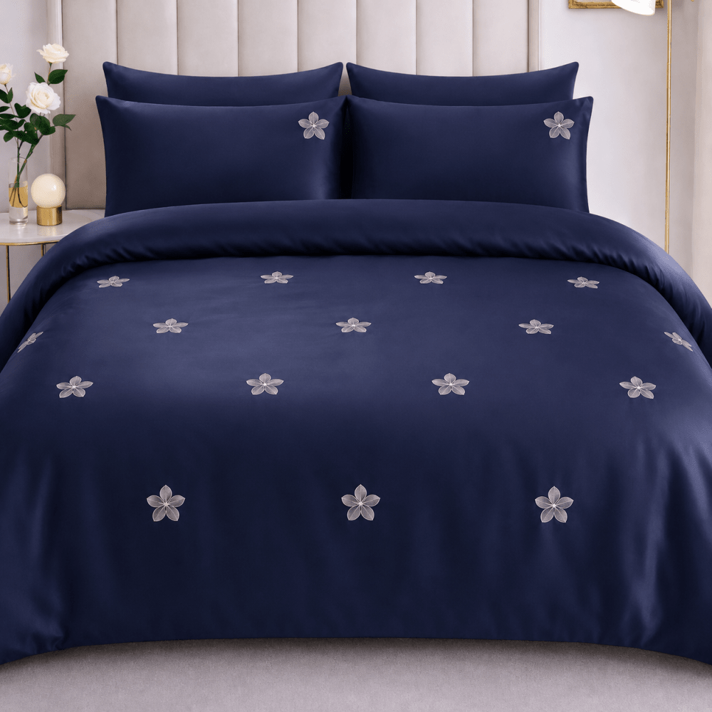 Navy Blue Satin Floral Embroidered Bedding Set - myhomestore.com.pk