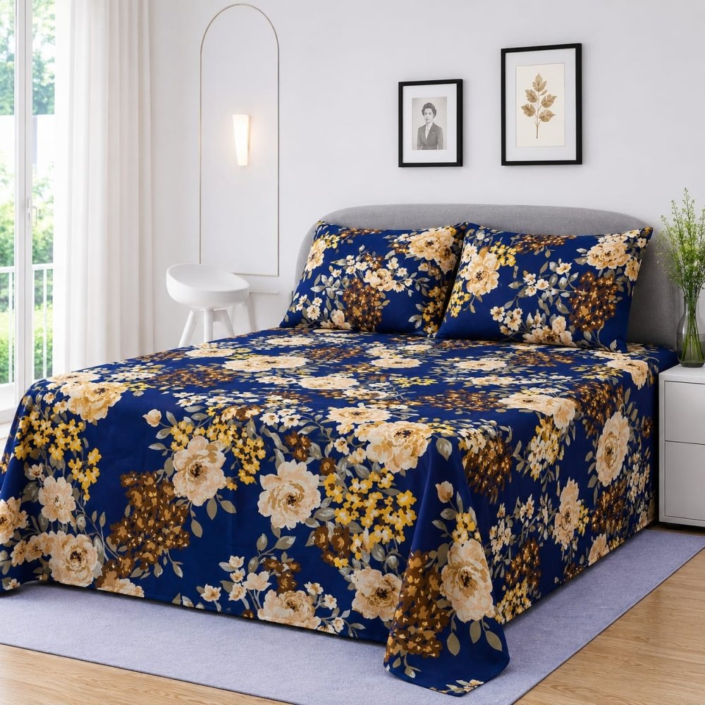 Navy Blue Tropical Leaf Printed Bedsheet – King Size Bedding - myhomestore.com.pk