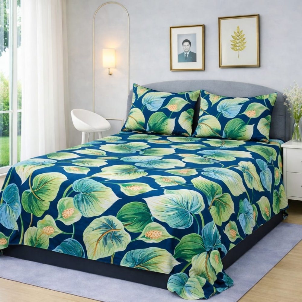 Navy Blue Tropical Leaf Printed Bedsheet – King Size Bedding - myhomestore.com.pk