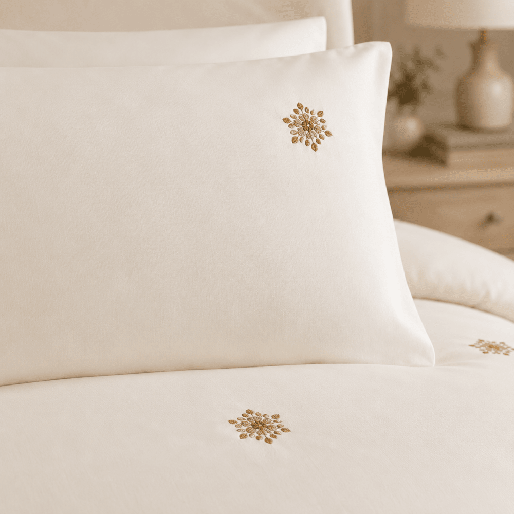 Off-White Gold Floral Embroidered Duvet Cover Set - myhomestore.com.pk