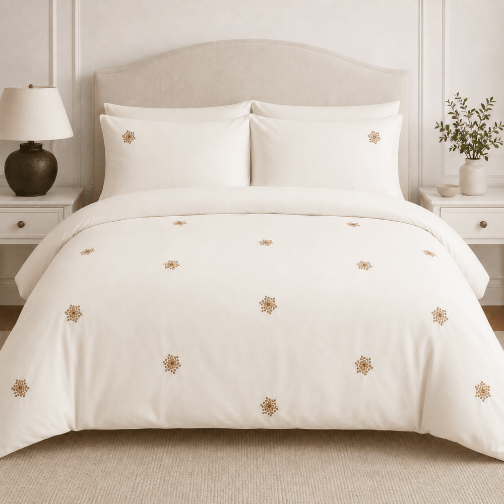 Off-White Gold Floral Embroidered Duvet Cover Set - myhomestore.com.pk