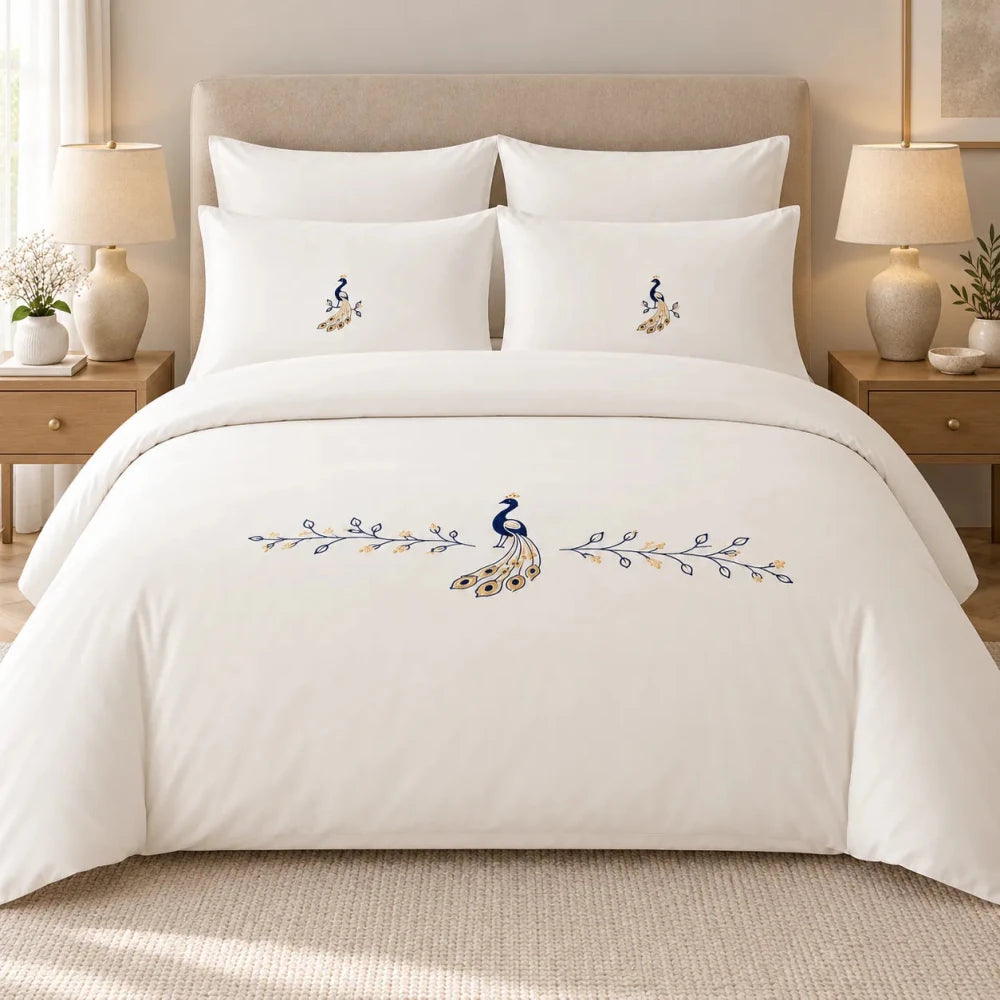 Off White Peacock Embroidered Bedding Set - myhomestore.com.pk
