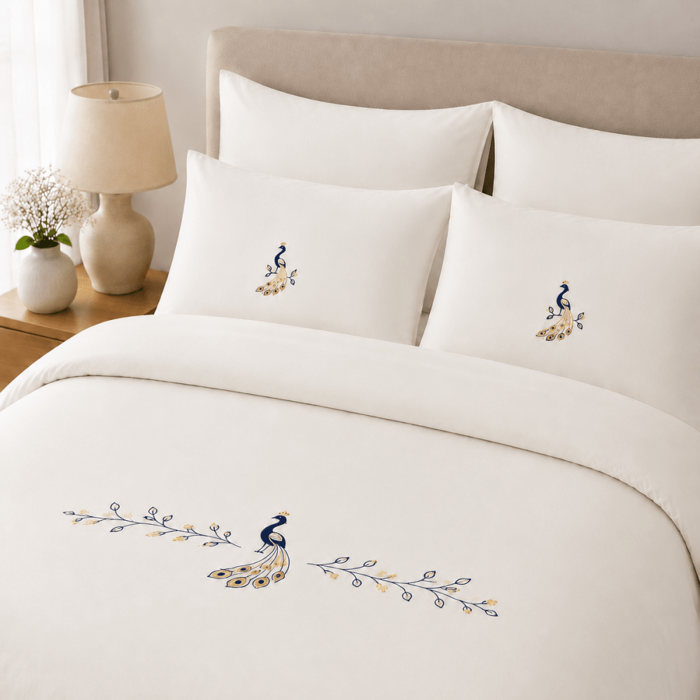 Off White Peacock Embroidered Duvet Cover Set - myhomestore.com.pk
