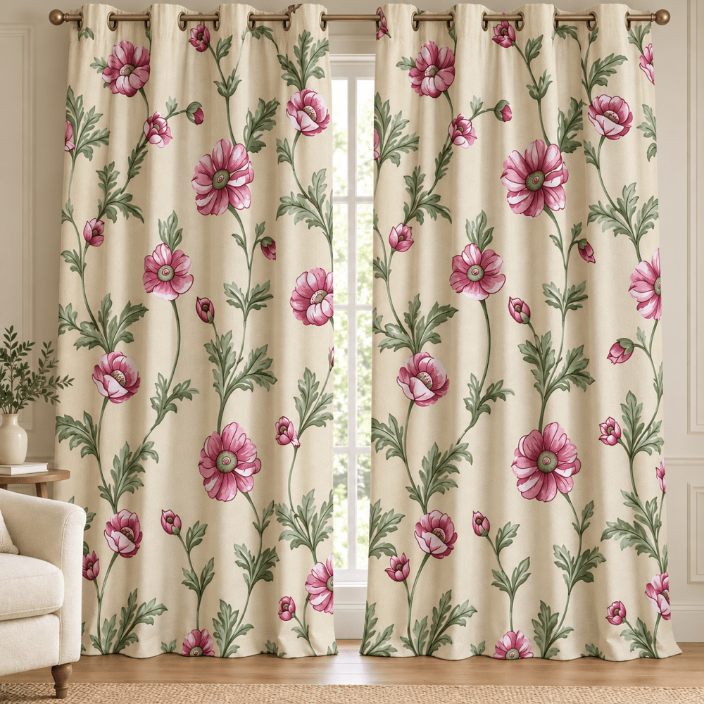 Pink & Cream Floral Duck Fabric Printed Curtains β Pack of 2 - myhomestore.com.pk