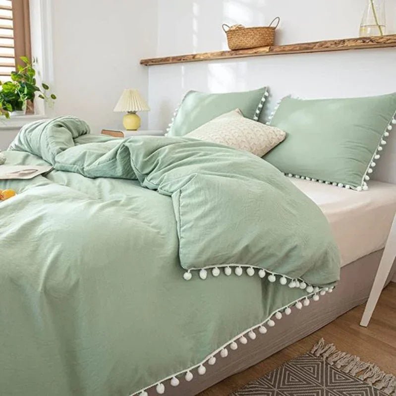Plain Dyed Duvet with pom pom lace - myhomestore.com.pk