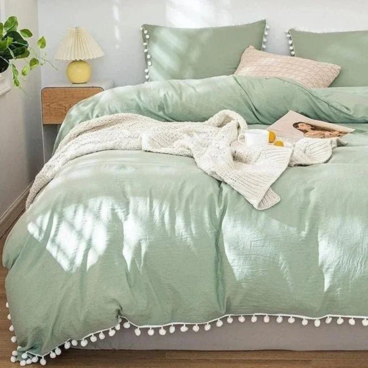 Plain Dyed Duvet with pom pom lace - myhomestore.com.pk