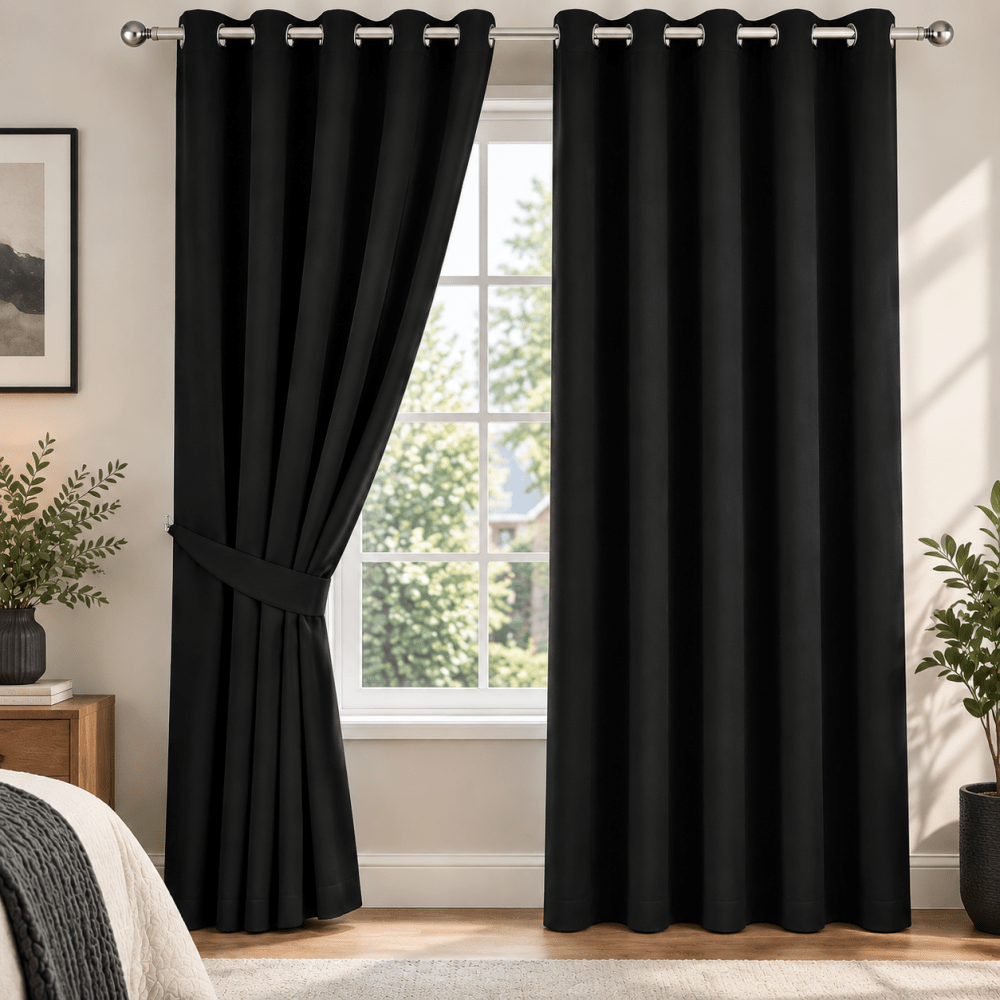 Plain Dyed Eyelet Curtain with Lining (Black) – Pack of 2 - myhomestore.com.pk