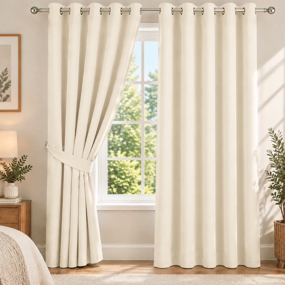 Plain Dyed Eyelet Curtain with Lining (cream) – Pack of 2 - myhomestore.com.pk