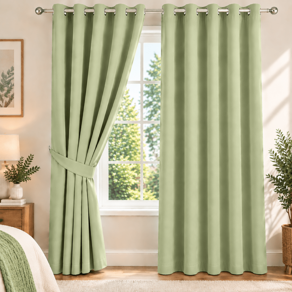 Plain Dyed Eyelet Curtain with Lining (light green) – Pack of 2 - myhomestore.com.pk
