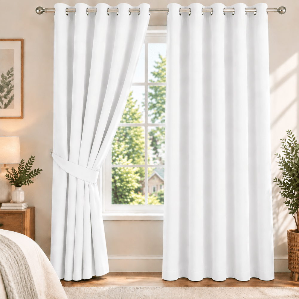 Plain Dyed Eyelet Curtain with Lining (pure-white ) – Pack of 2 - myhomestore.com.pk
