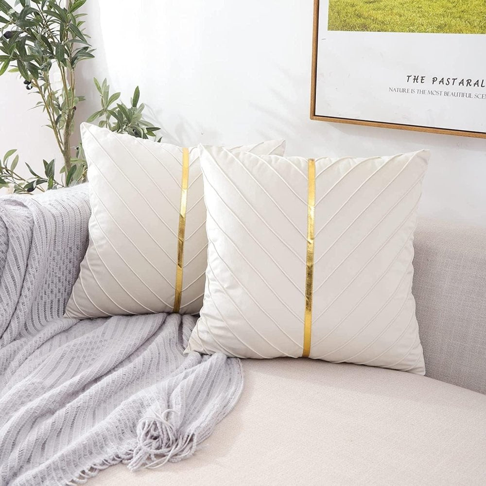 Pleated Cushion Cover With Golden Ribbon - myhomestore.com.pk