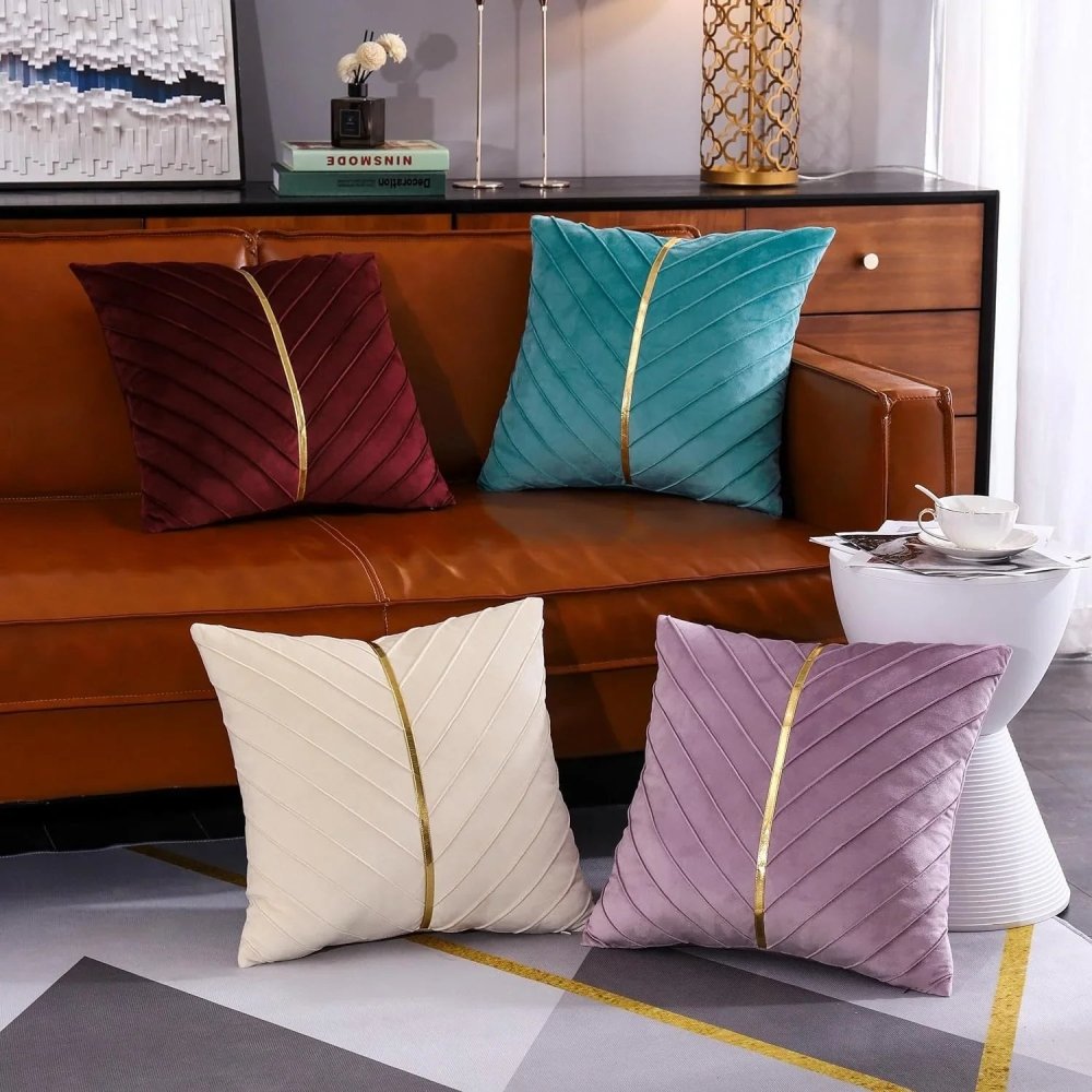 Pleated Cushion Cover With Golden Ribbon - myhomestore.com.pk