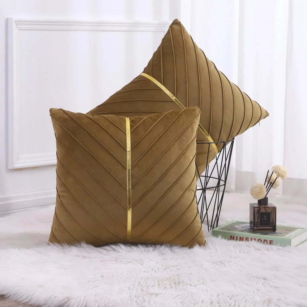 Pleated Cushion Cover With Golden Ribbon - myhomestore.com.pk