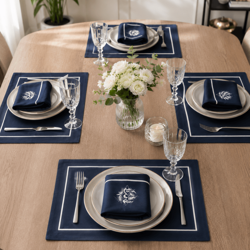 Premium Embroidered Dining Table Linen – Navy & White - myhomestore.com.pk