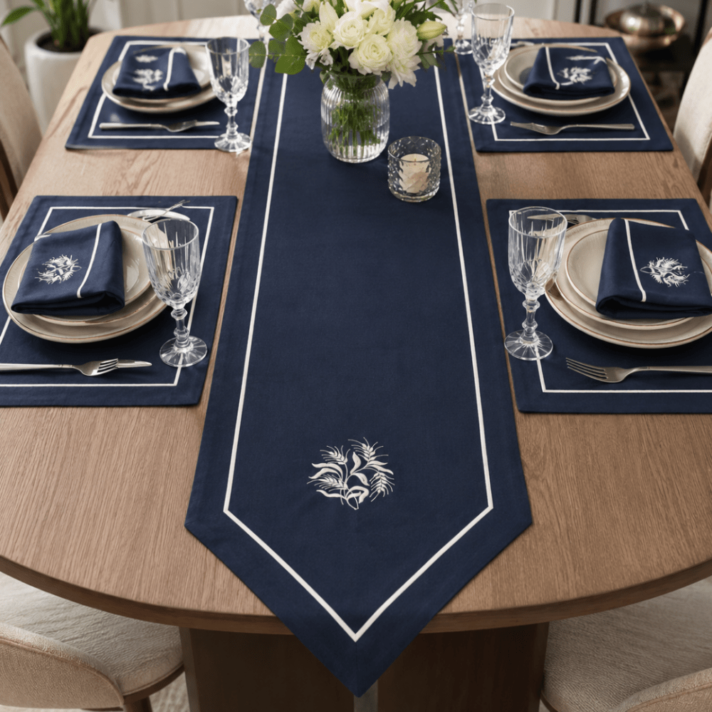 Premium Embroidered Dining Table Linen – Navy & White - myhomestore.com.pk