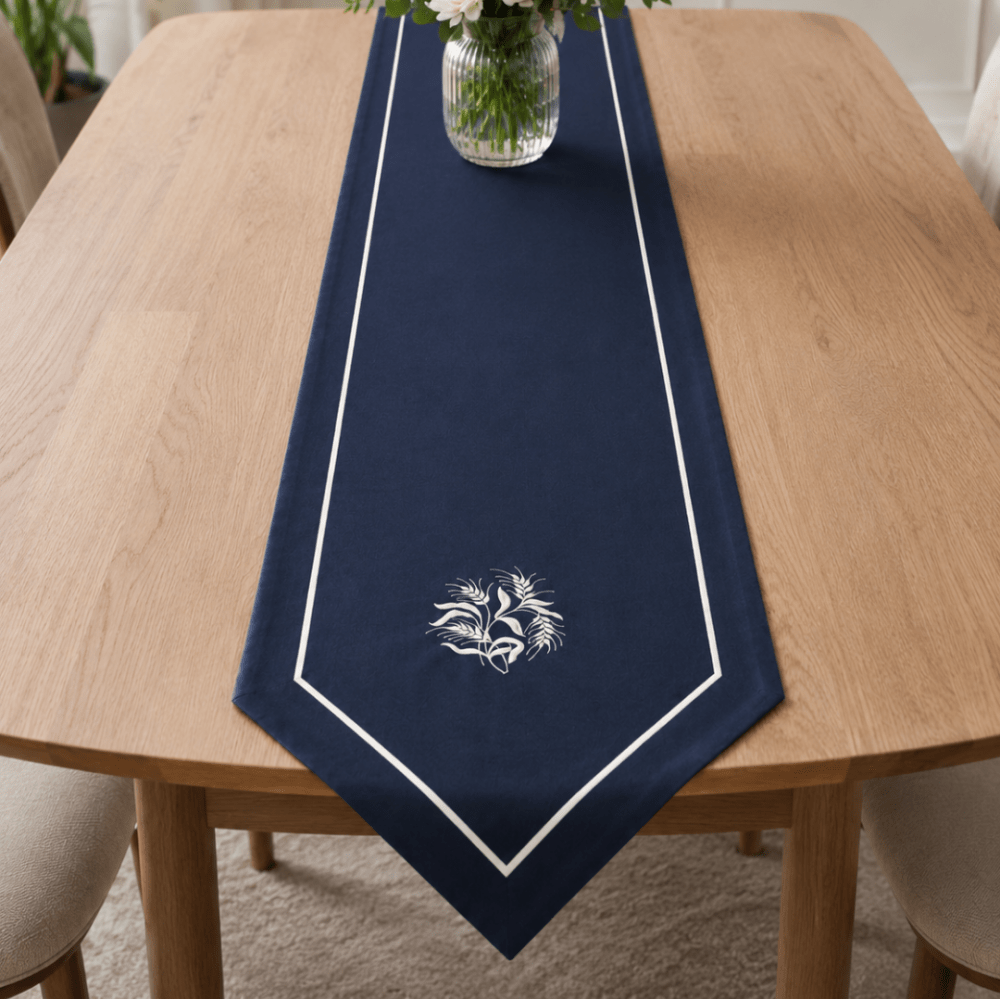 Premium Embroidered Dining Table Linen – Navy & White - myhomestore.com.pk