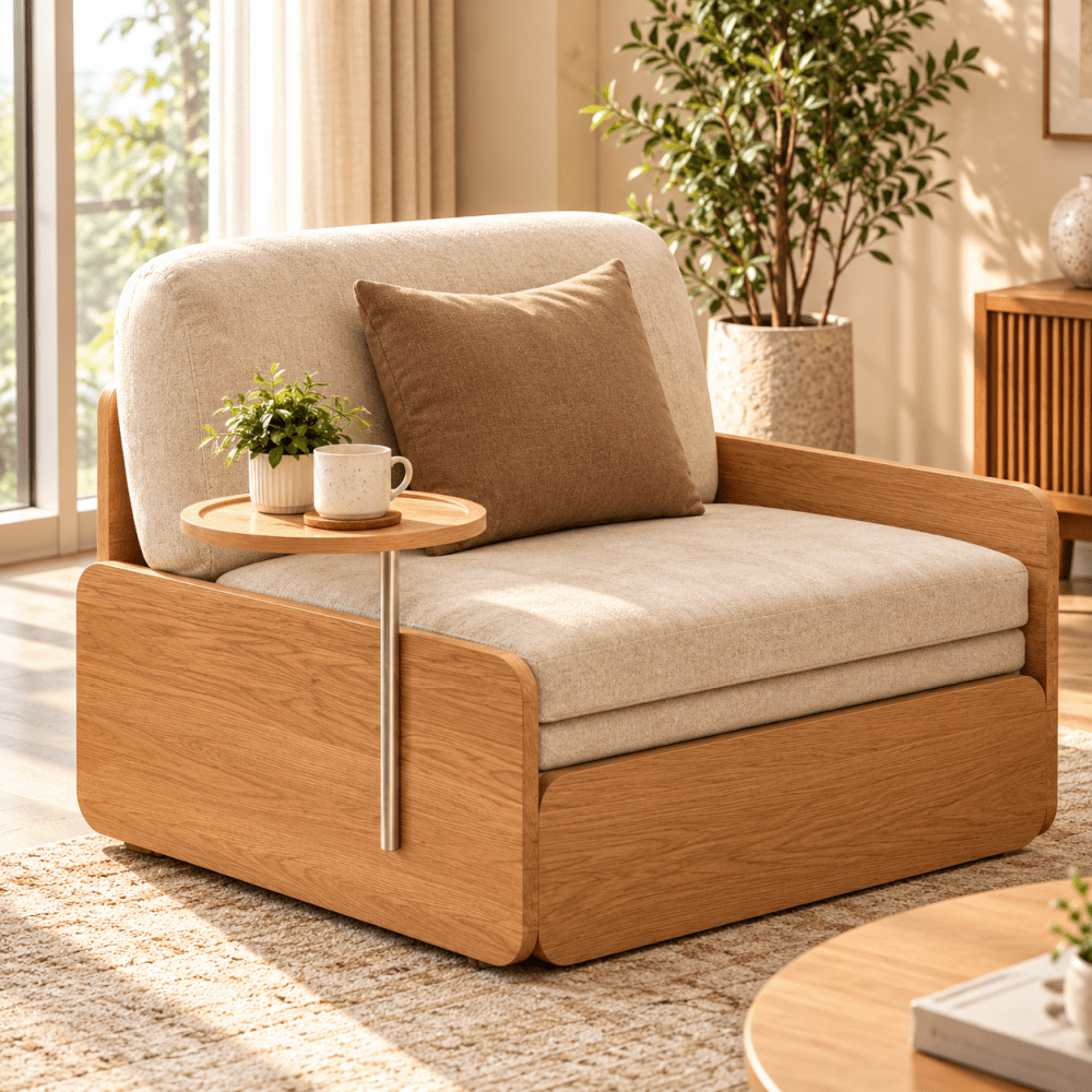 Pull Out Sofa Bed with Rotating Armrest Tray and Storage - myhomestore.com.pk