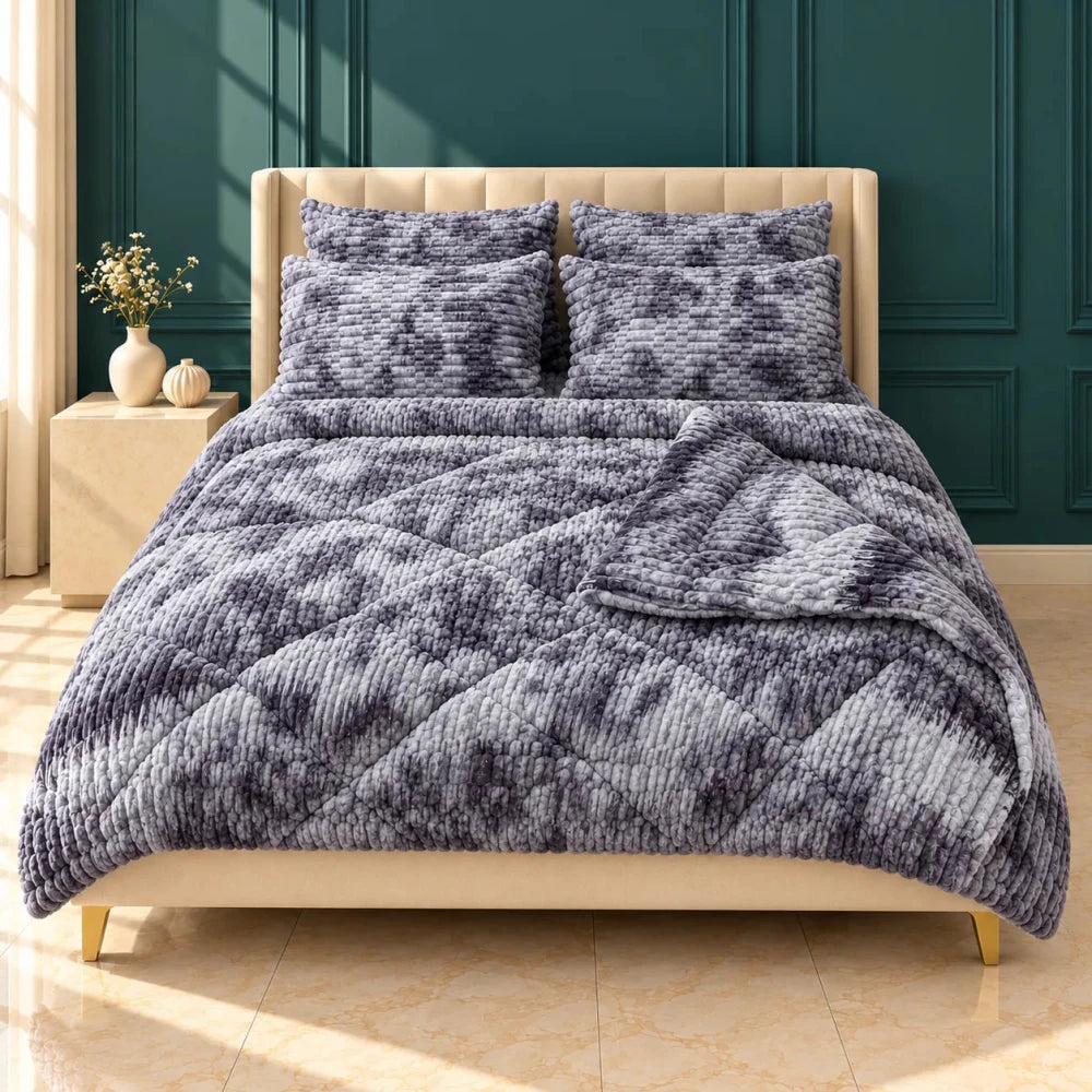 Purple & Grey Tie-Dye Bubble Fleece Comforter Set – 6 Pcs King Size - myhomestore.com.pk