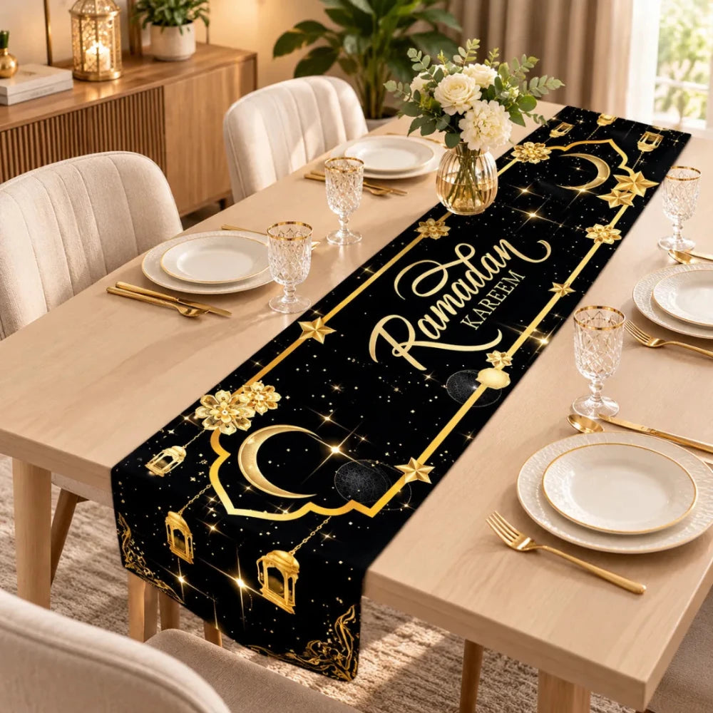Ramadan Kareem Luxury Table Runner – Black & Gold - myhomestore.com.pk