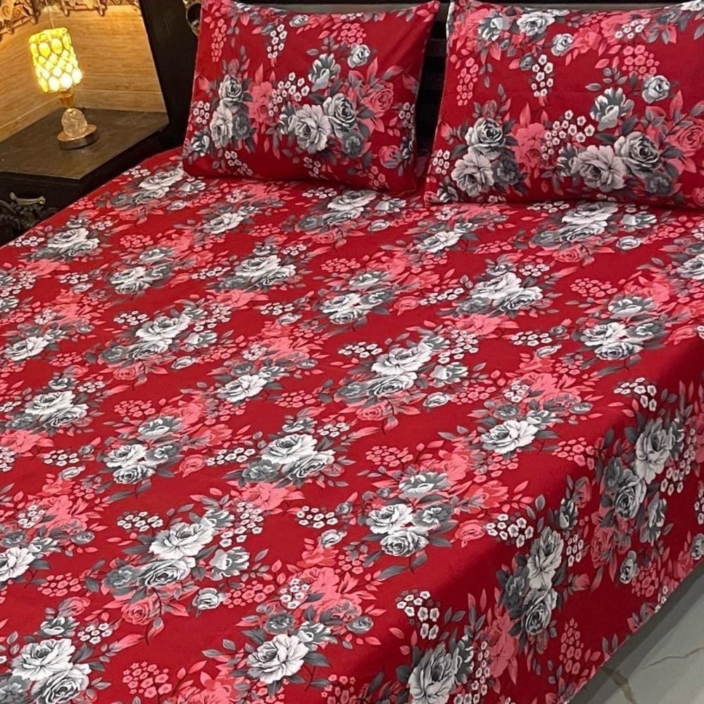 Red Base Grey Blossom Printed Bedsheet - myhomestore.com.pk