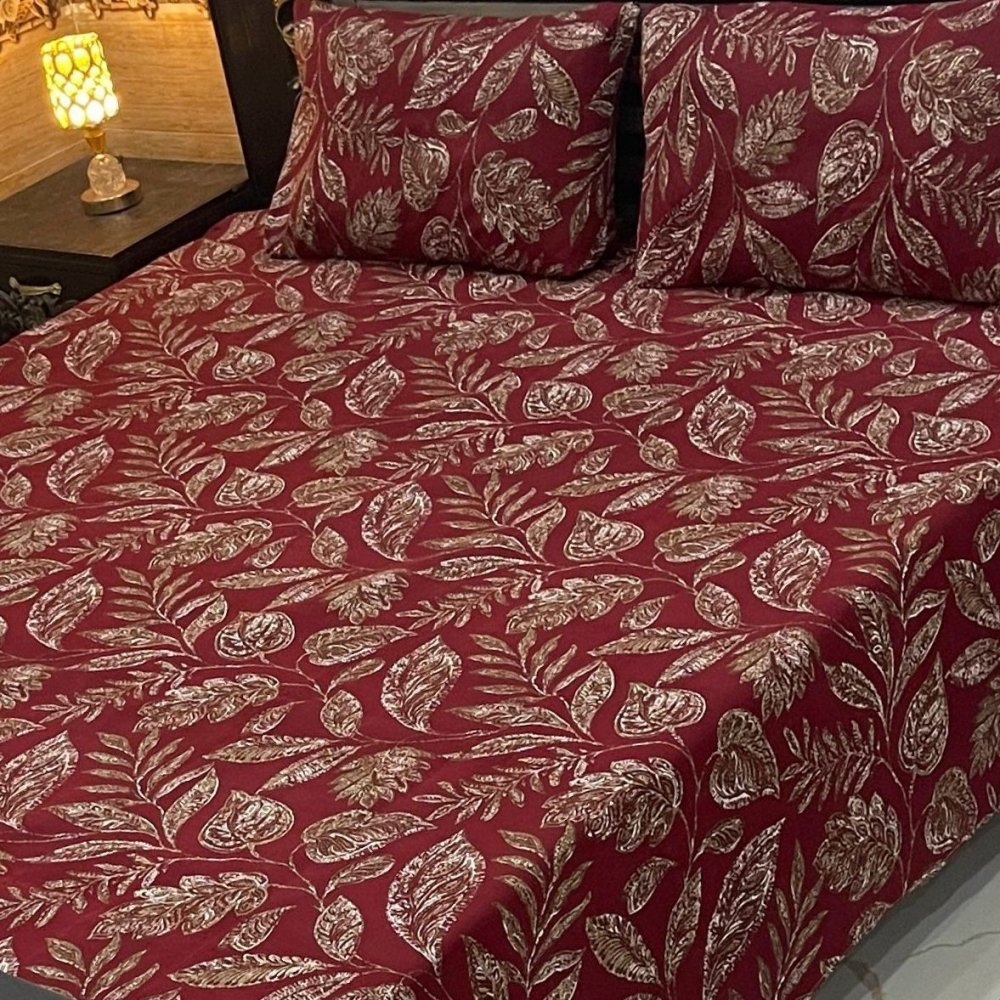Red Leaf Print Bedsheet – King Size - myhomestore.com.pk