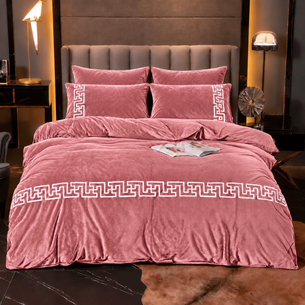 Rose pink Greek Border Velvet Duvet Set - myhomestore.com.pk