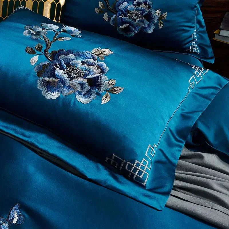Royal Blue Cotton Satin Embroidery Duvet Set - myhomestore.com.pk