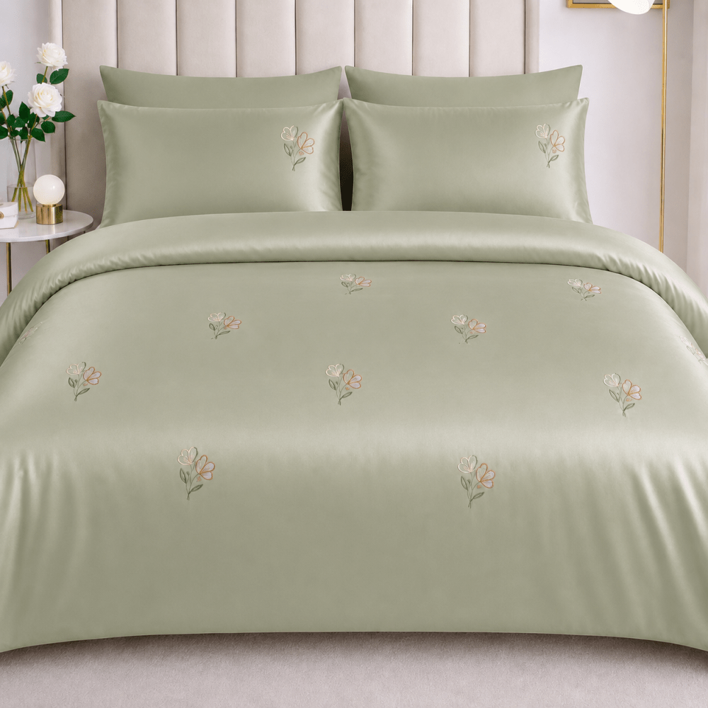 Sage Green Satin Floral Embroidered Bedding Set - myhomestore.com.pk