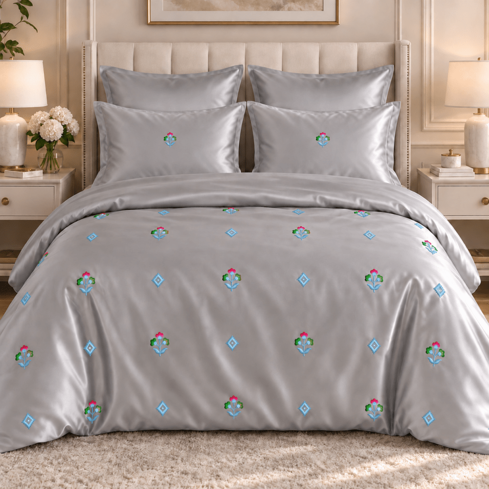 Silver Grey Floral Bloom Embroidered Bedding Set - myhomestore.com.pk
