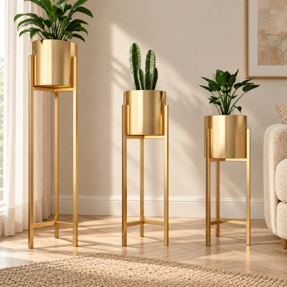 Simple Golden Flower Pot Stand (pack of 3) - myhomestore.com.pk