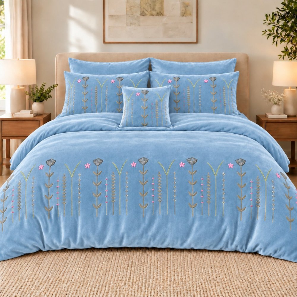 Sky Blue Wildflower Embroidered Velvet Duvet Set - myhomestore.com.pk