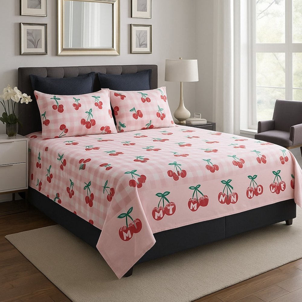 Soft Pink Bedsheet with Cherry Print (3 pcs) - myhomestore.com.pk
