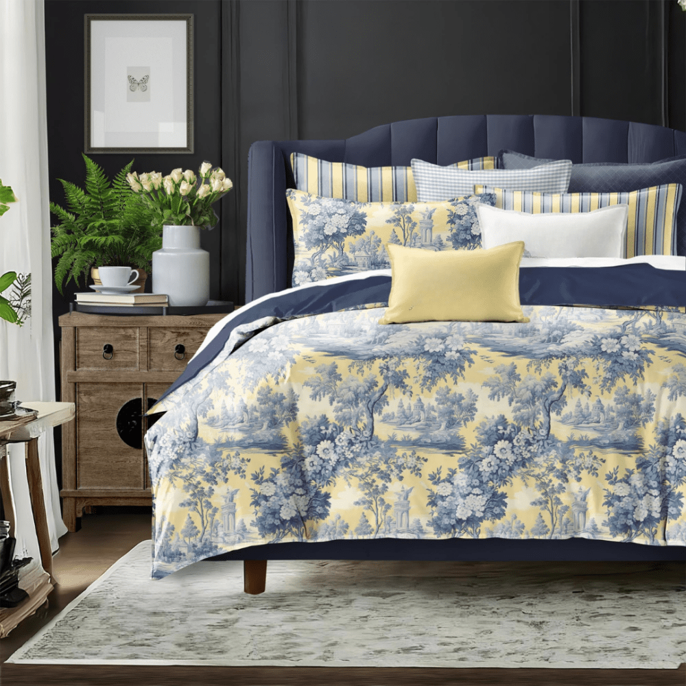 Sunny Blue Floral Printed Duvet Set – Elegant Yellow & Blue Floral Duvet - myhomestore.com.pk