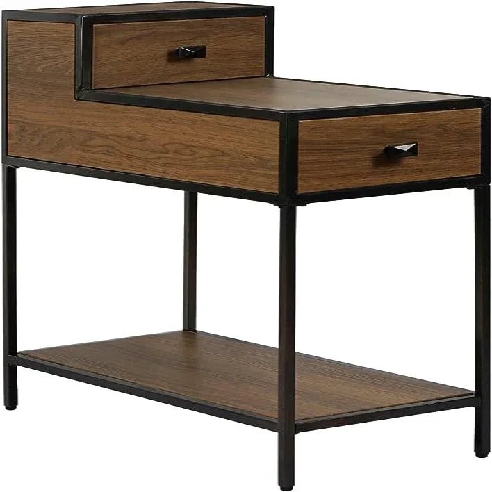 Table with Drawers ,Nightstand with Drawers and Shelf, Metal Frame End Table - myhomestore.com.pk