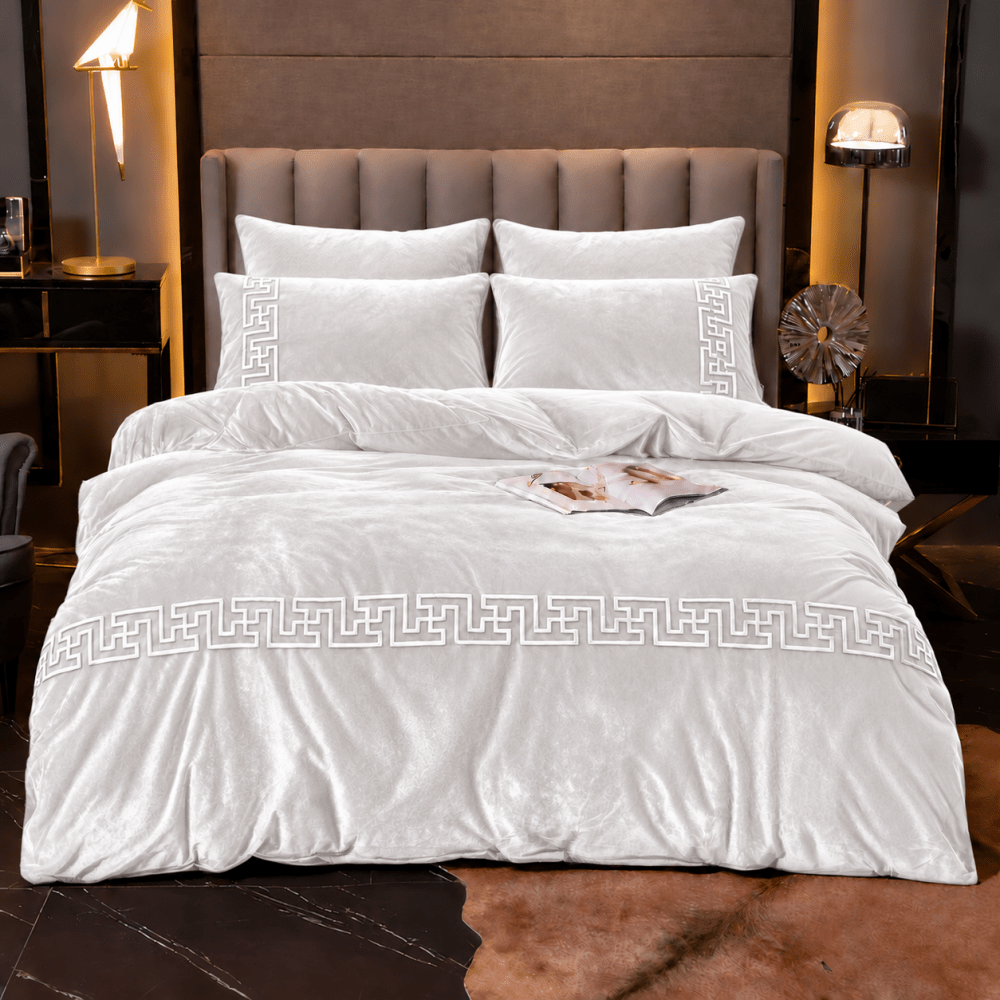 Timeless White Greek Border Velvet Duvet Set - myhomestore.com.pk
