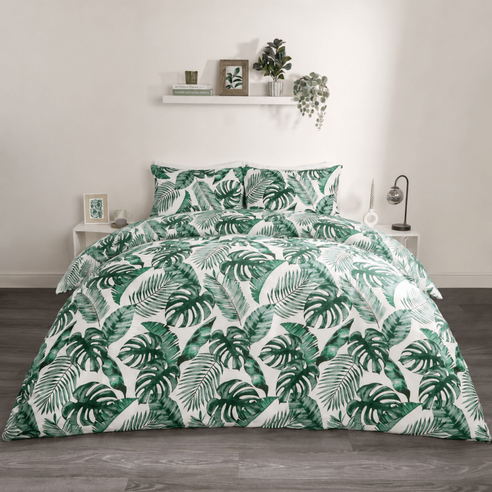 Tropical Green Leaves Print Bedsheet – King Size - myhomestore.com.pk