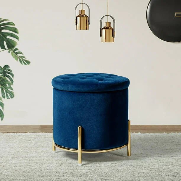 Velvet Round Storage Ottoman with Removable Lid, Gold Metal Legs - myhomestore.com.pk