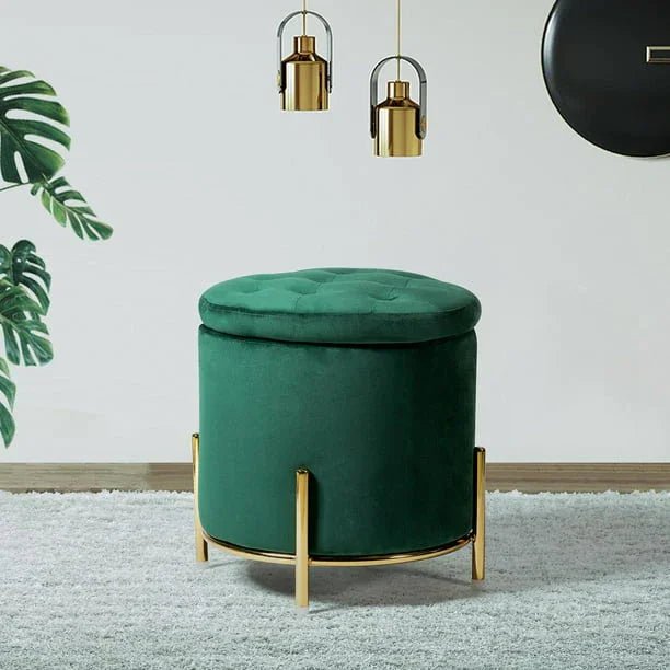 Velvet Round Storage Ottoman with Removable Lid, Gold Metal Legs - myhomestore.com.pk